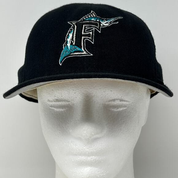 Vintage 90s Florida Marlins Hat Baseball Cap Fitted 7 7/8 Black New Era USA Made - Picture 2 of 10
